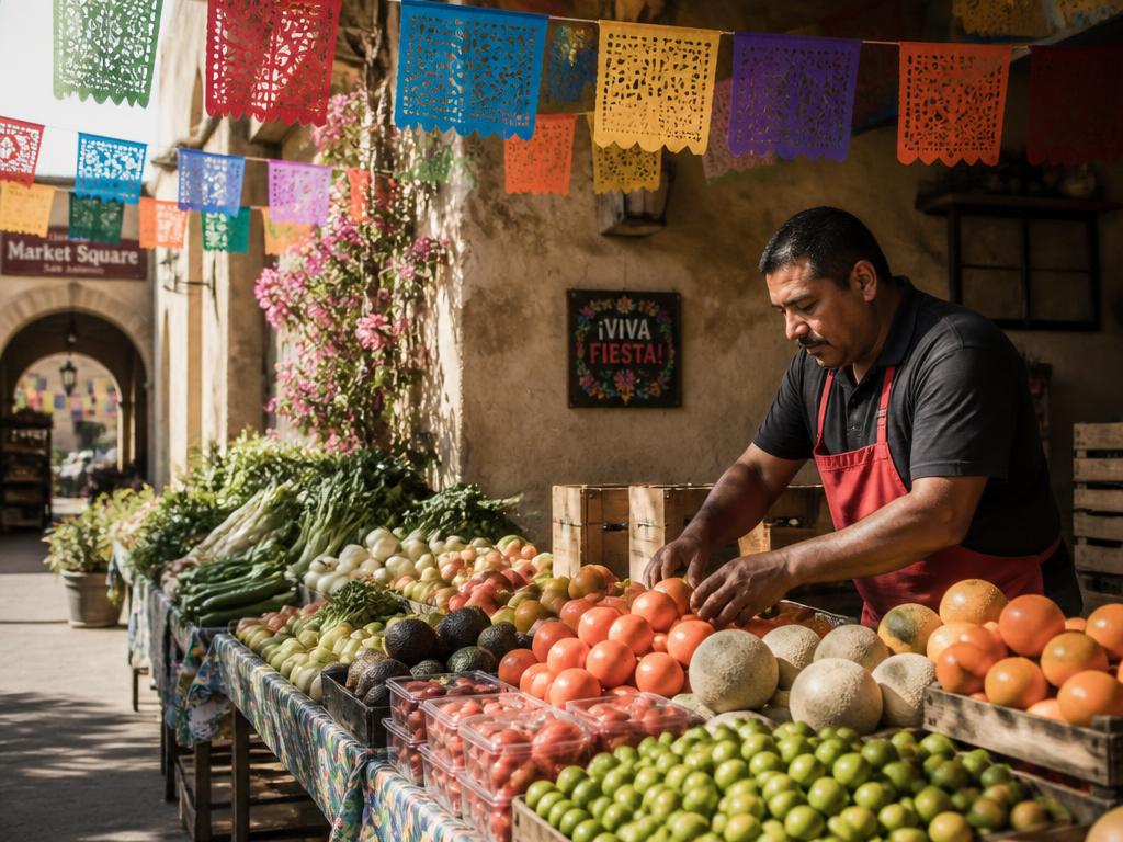 Vendor arranging fresh produce at a San Antonio Market Square stall