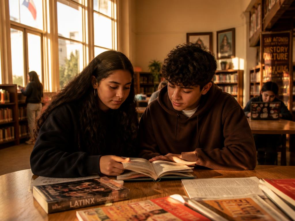 Two bilingual students reading together at a community library table